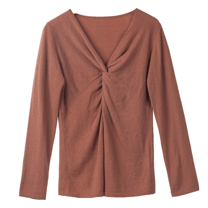 晚白2020春季新品纯色V领修身显瘦常规全羊毛长袖针织衫羊毛衫女