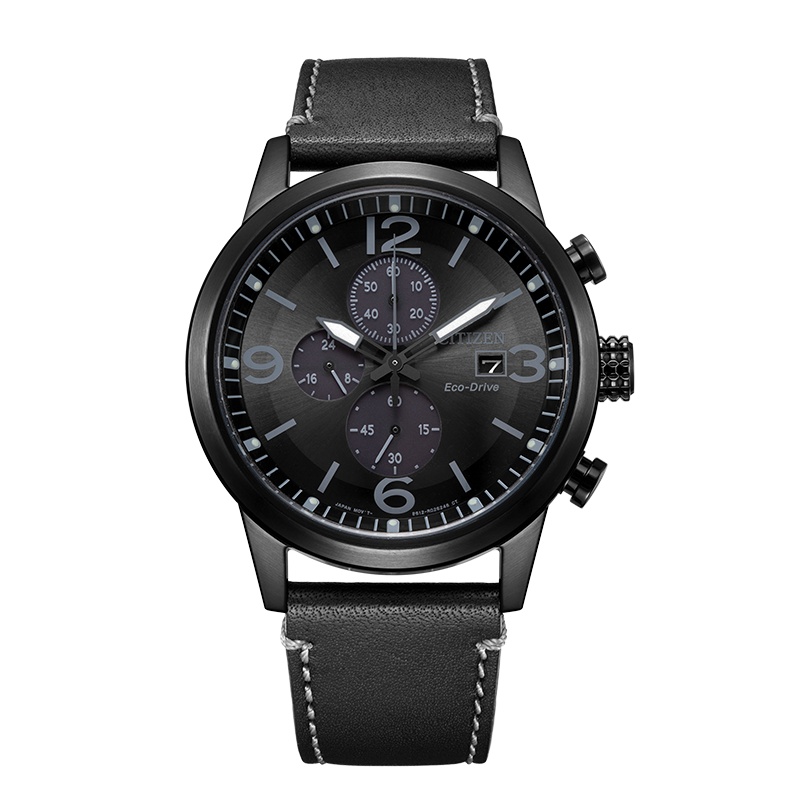 西铁城(CITIZEN)手表男日本官方正品皮带运动防水光动能计时男表 黑带三眼黑盘小牛皮男表CA0617-29E