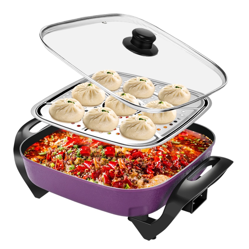 益多电火锅电蒸锅电炒锅电煮锅电热锅家用5L大容量不粘多用途锅韩式电热方锅可煎烤 带蒸片 HC-601