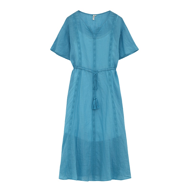 茵曼2019夏装新款纯色苎麻精致提花吊带内搭文艺两件套连衣裙女