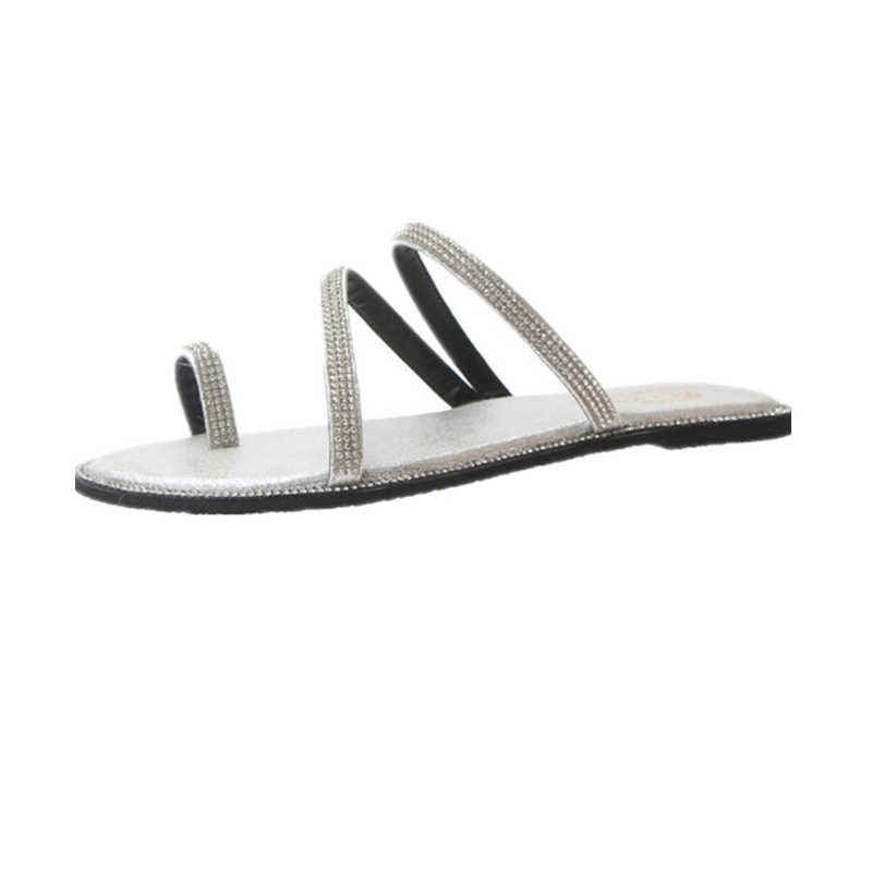 2019春季新款女式拖鞋女鞋平底空夹趾韩版橡胶水钻平底拖鞋