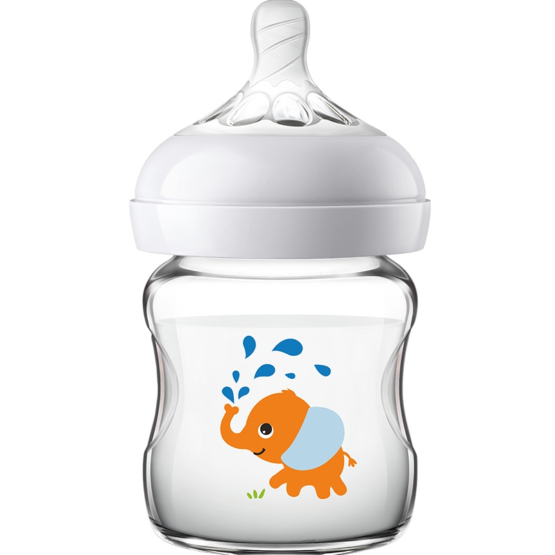 飞利浦新安怡宽口径橙色小象自然玻璃奶瓶4oz/120毫升(奶嘴0月+) SCF672/14 高品质玻璃 螺旋纹设计