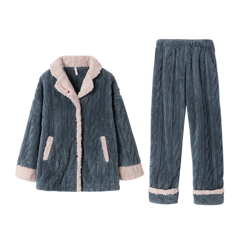 安之伴睡衣女秋双面长毛绒剪花国民领长袖女套装