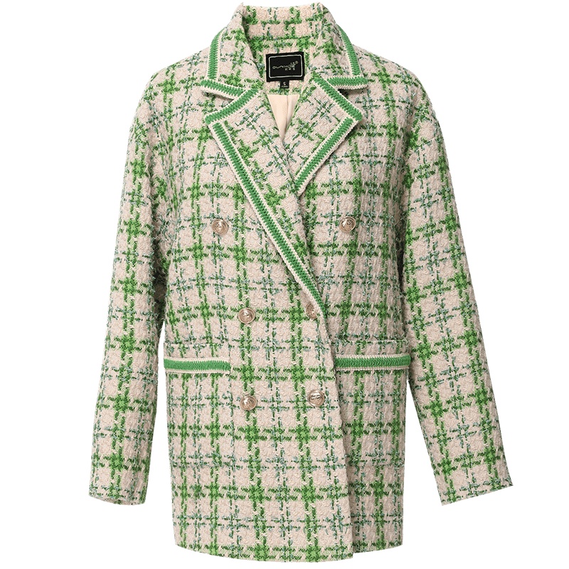 欧昵雪秋冬小香风格子呢料外套女中长款双宽松大衣