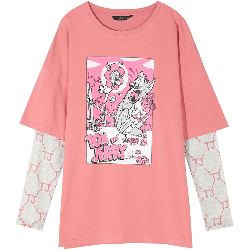 【猫和老鼠联名】妖精的口袋印花假两件T恤2020夏新款女长袖上衣