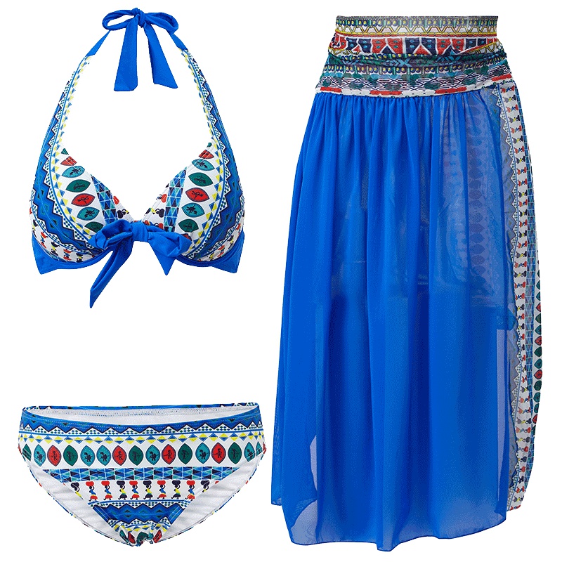 号手泳衣女三件套比基尼民族风小胸聚拢大胸性感显瘦遮肚分体泳装