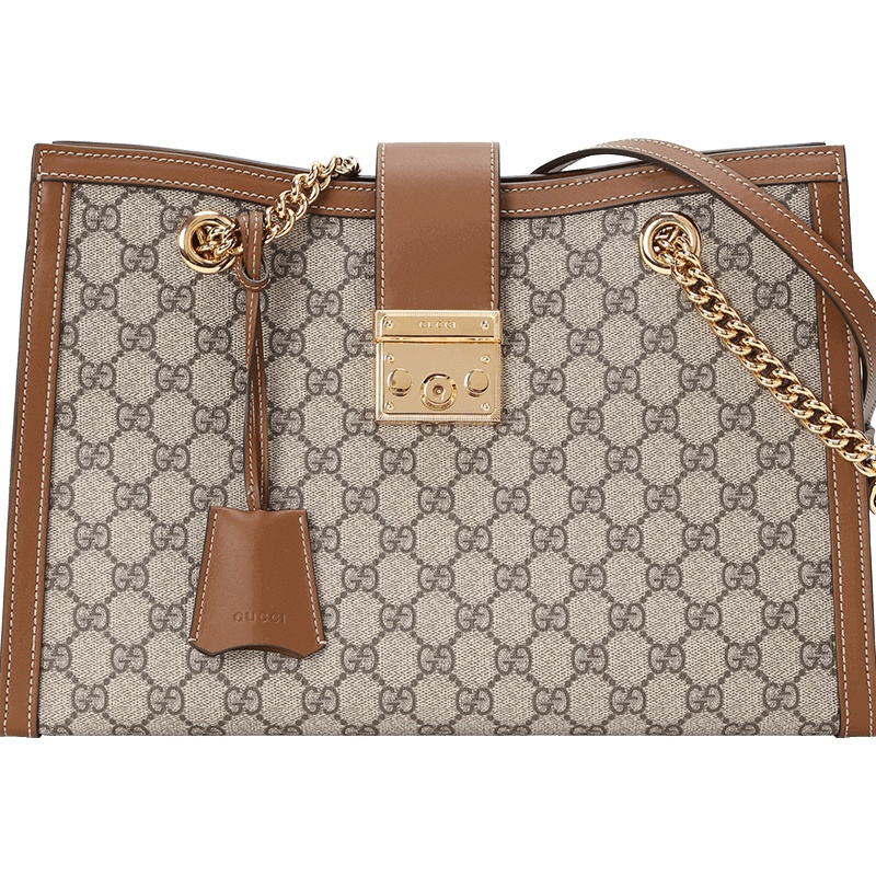 预订 GUCCI 古驰 PADLOCK TOTE 单肩包 斜挎包 手提包中号 锁扣老花拼棕边479197金扣