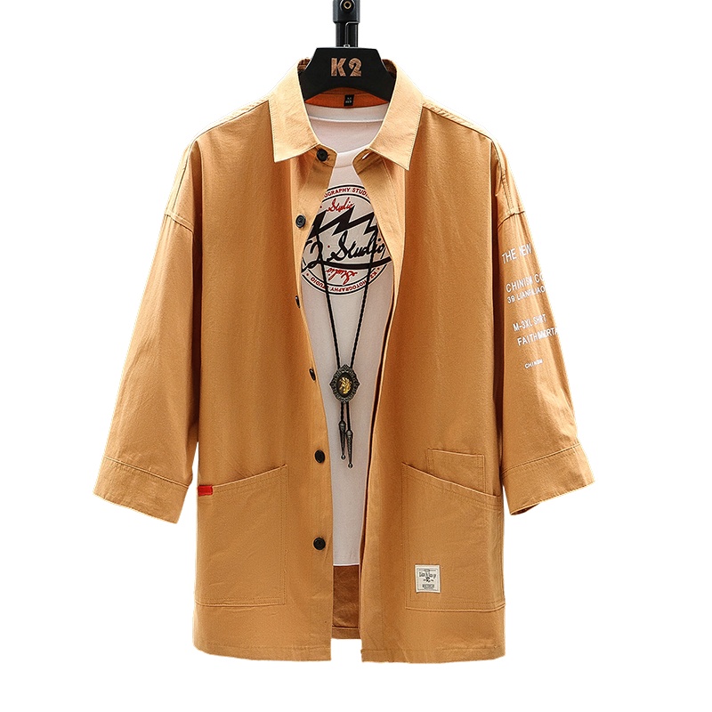 卡帝乐鳄鱼(CARTELO)夏季新款男士七分袖翻领休闲口袋纯色衬衫