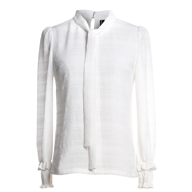 欧昵雪白色雪纺衫上衣女OL木耳边长袖蝴蝶结系带套头衬衣