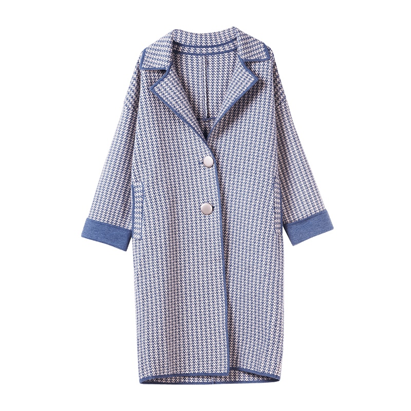 晚白 2020春冬新品通勤百搭千鸟格单排扣直筒中长款职业外套大衣女