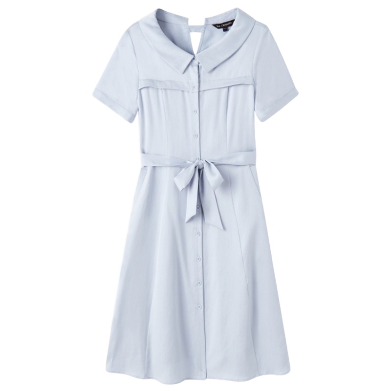 拉夏贝尔气质连衣裙夏新款收腰文艺小清新甜美可爱娃娃领中长仙女a字裙