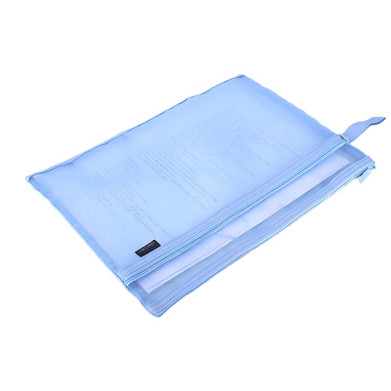 得力5576网纱拉链袋(浅蓝)加厚文件 袋透明网格拉链袋 公文档案袋 资料袋 办公用品