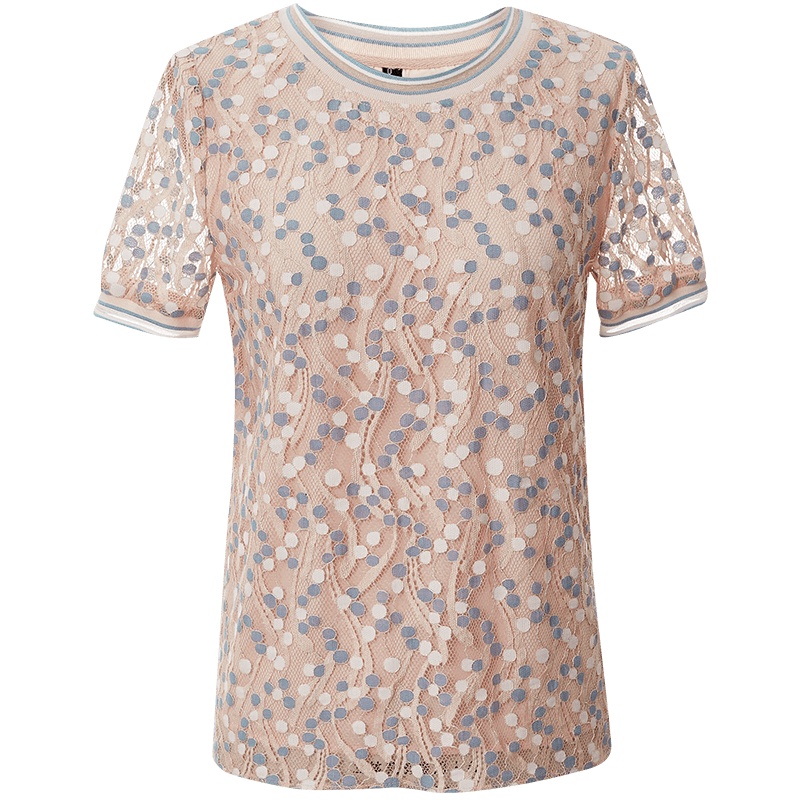 欧昵雪镂空印花小衫夏季撞色圆领甜美宽松短袖蕾丝衫女