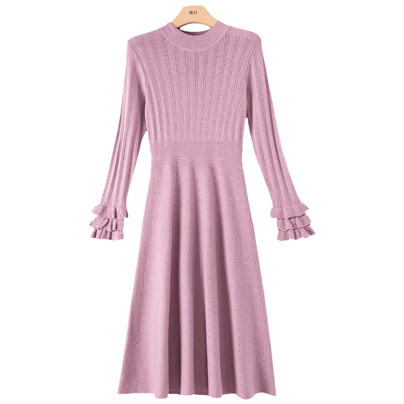 晚白2021春季新品简约纯色修身显瘦圆领长袖高腰A字针织连衣裙女