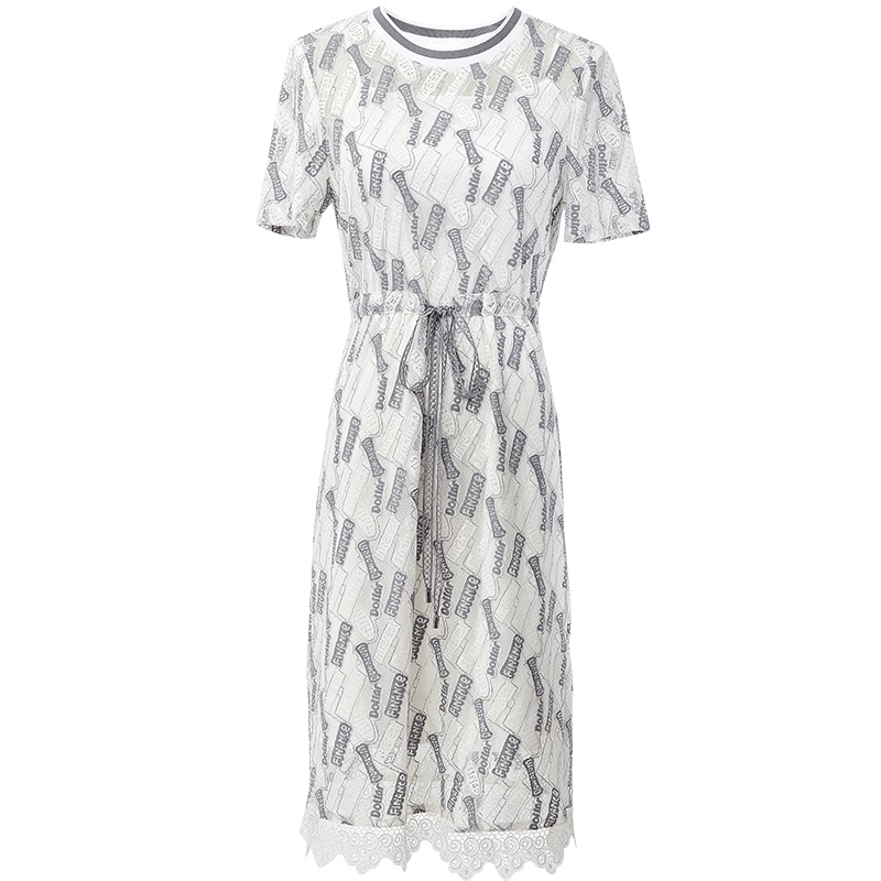 欧昵雪夏季圆领短袖蝴蝶结系带高腰字母蕾丝连衣裙女吊带裙两件套
