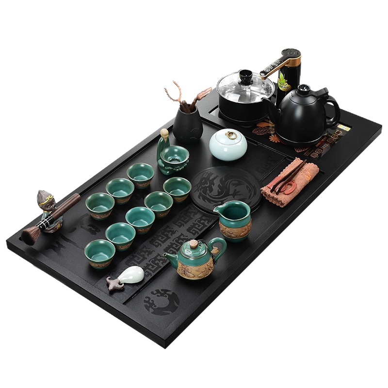 整套功夫家用全自动一体茶台天然乌金石旅行茶具客厅大号茶海 国泰家和 海纳百川单盘无电器(85*45*3) 32件