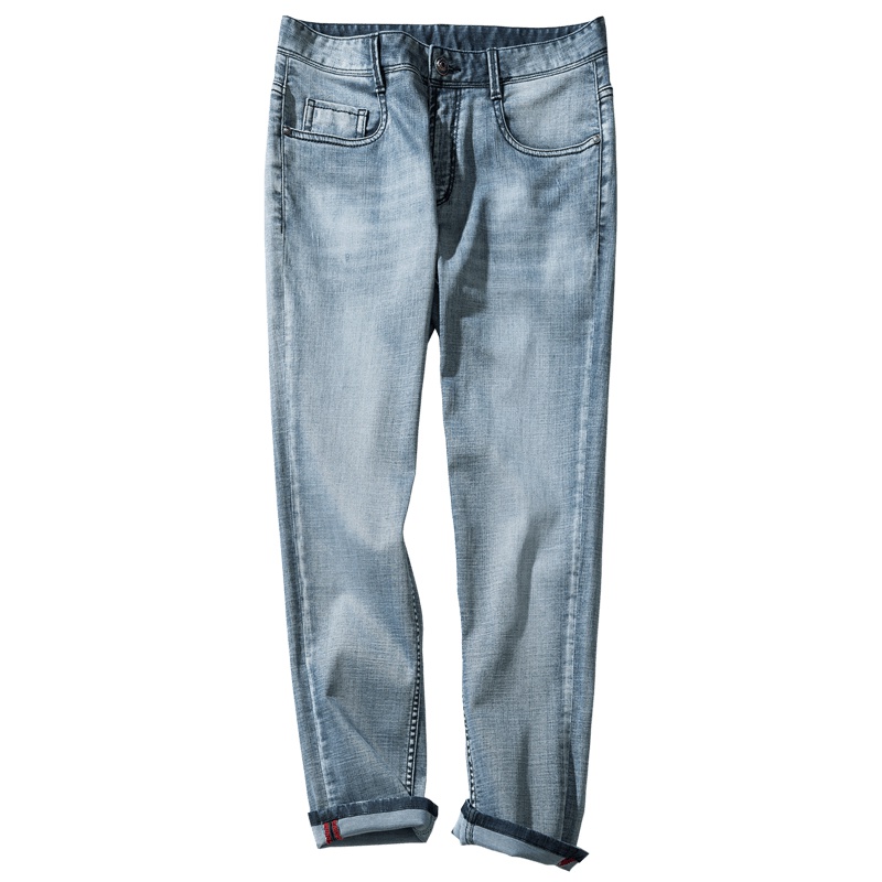 千纸鹤牛仔裤男修身韩版潮流天丝刺绣时尚猫须磨白直筒裤子80107