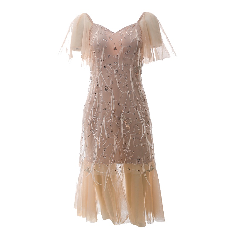 2019新款夏名媛气质V领网纱亮片流苏短袖修身显瘦连衣裙