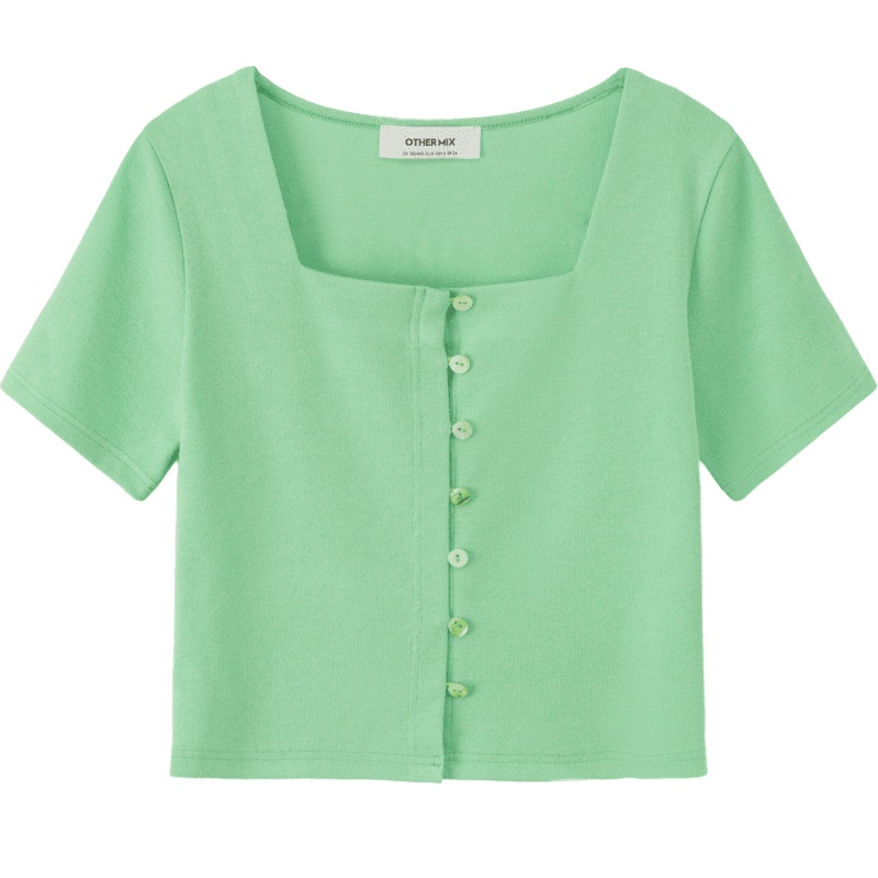 OtherMix青春开衫T恤2021年夏季新款设计感小众方领修身女短上衣