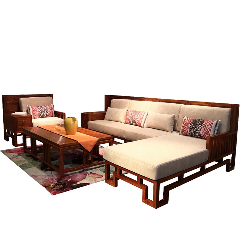 周家庄红木家具非洲花梨(学名:刺猬紫檀)实木沙发新中式客厅软体布艺贵妃沙发组合 沙发四件套组合