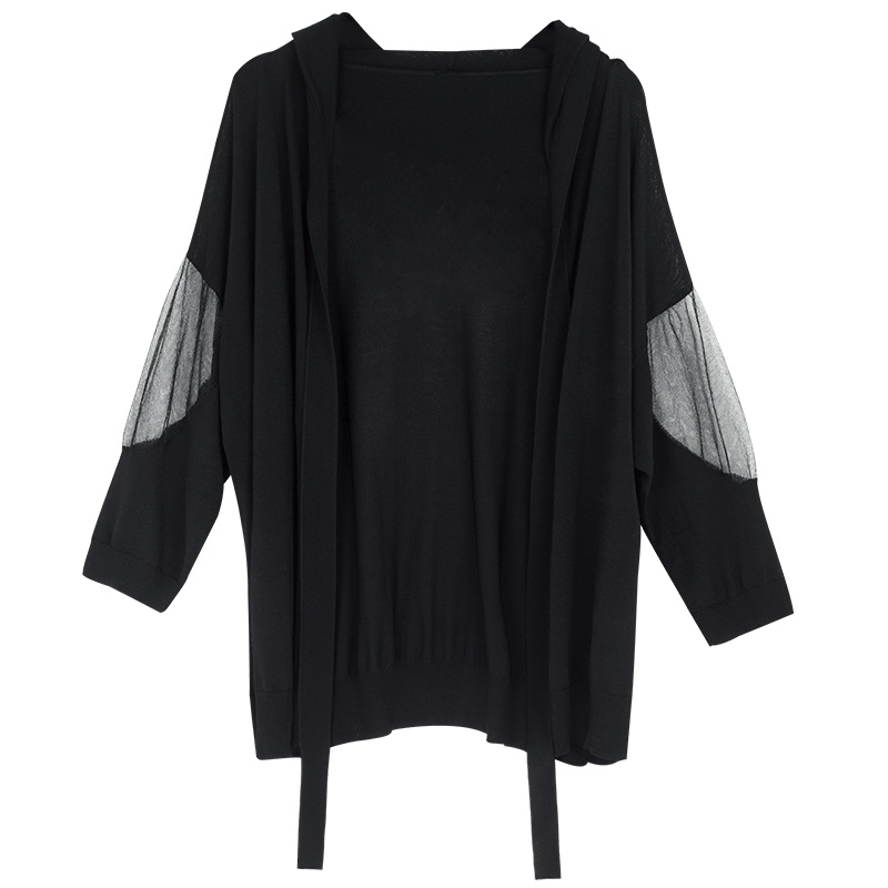 晚白2019夏季新品纯色休闲宽松系带网纱袖空调衫针织衫上衣女