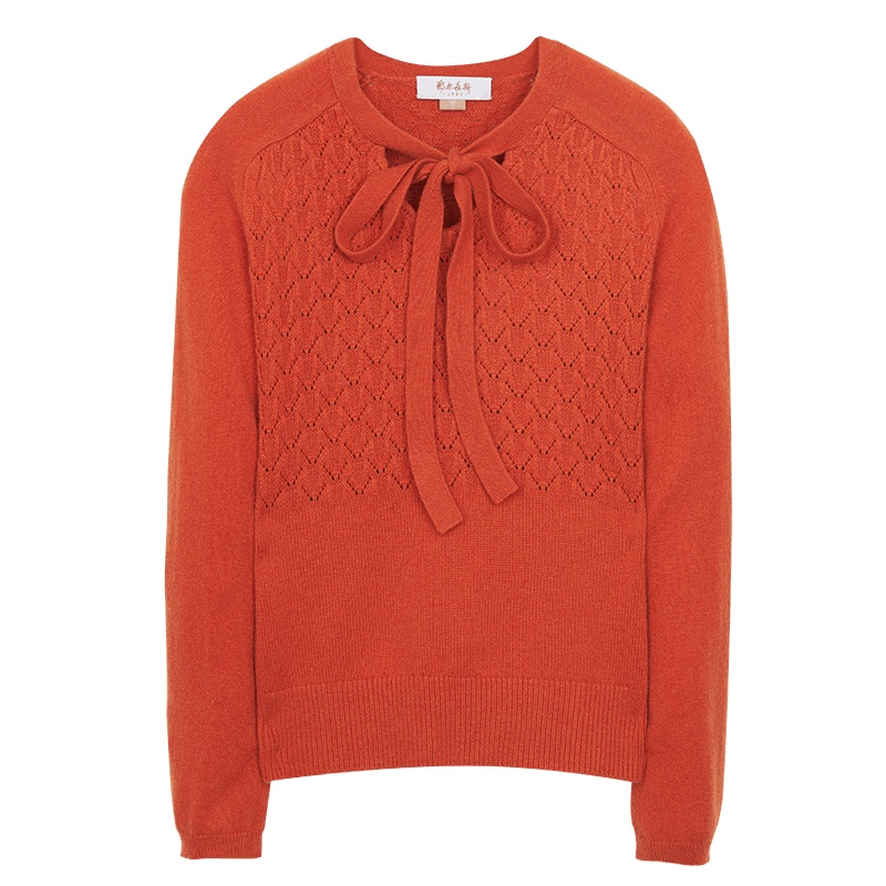 鄂尔多斯ERDOS 秋冬V领系带蝴蝶结翻花羊绒衫女士针织衫/毛衣