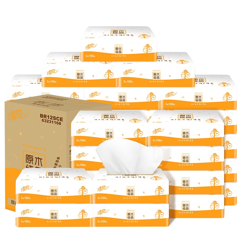 清风 抽纸 原木纯品系列3层100抽27包餐巾纸 擦手纸 面巾纸