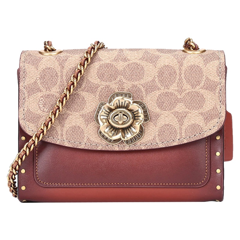 COACH 蔻驰 奢侈品 女士专柜款棕色经典标志涂层帆布配皮铆钉山茶花PARKER单肩斜挎包 30592 B4/RU 棕