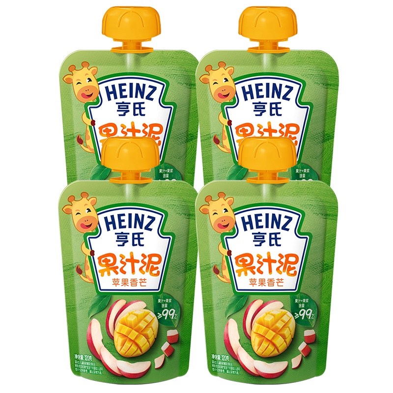 Heinz/亨氏乐维滋苹果香芒果泥果汁泥120g*4袋 亨氏果泥婴儿果泥吸吸乐 宝宝水果泥辅食宝宝营养零食果汁泥