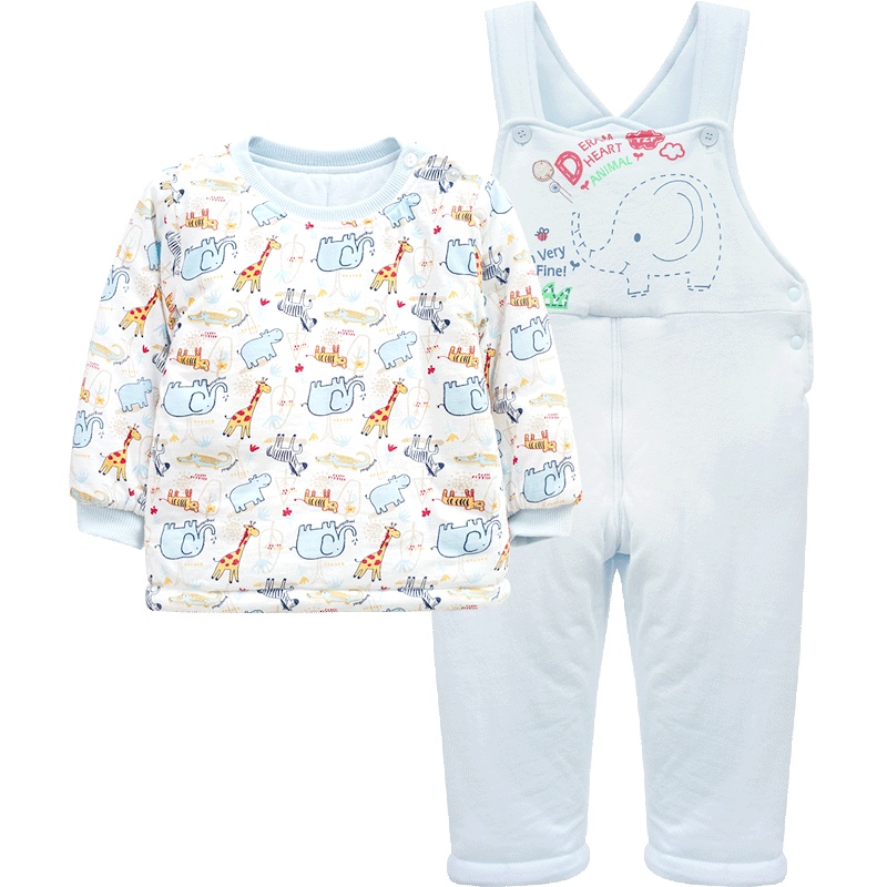 婴姿坊冬季宝宝加厚夹棉保暖两件套婴儿肩开扣上衣棉袄背带裤套 73-110cm 0-4岁