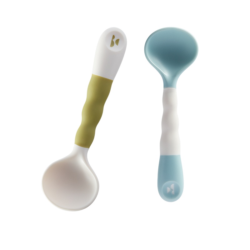 babycare宝宝学吃饭训练勺子喝汤弯头婴儿辅食勺自主进食儿童餐具[2支装]静谧蓝&莫斯绿