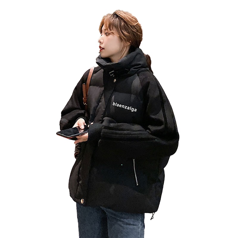 拉夏贝尔2020新款棉服女拼接毛呢学生加厚复古港风宽松棉衣外套