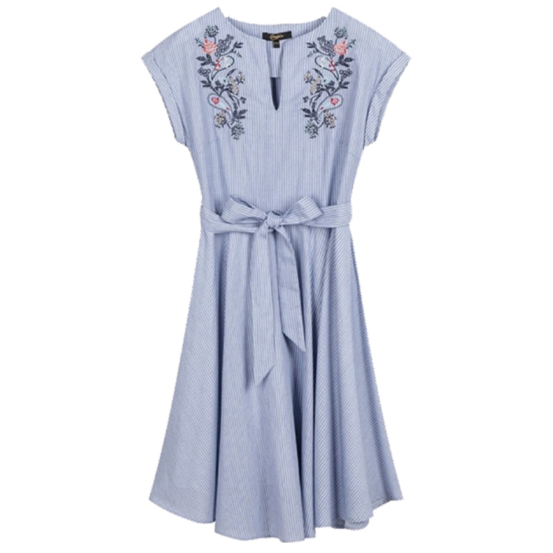 【专柜同款】拉夏贝尔复古刺绣百褶裙女装夏季新款系带收腰显瘦条纹短袖气质a字连衣裙30082316