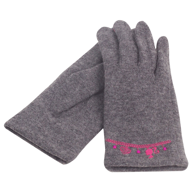 乐为触屏手套女士秋天冬季加绒加厚羊毛全指保暖烫钻手套刺绣卡通可爱 B17FD151