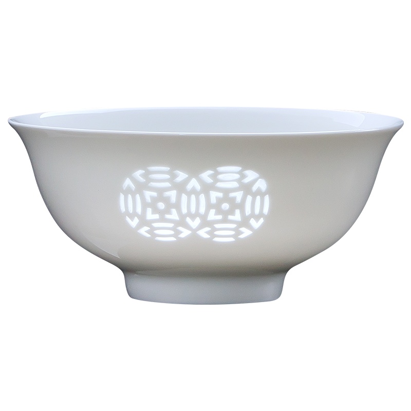 古镇陶瓷饭碗家用中式餐具白瓷厨房瓷碗玲珑简约礼盒送礼品米饭碗6头白玲珑套碗双钱