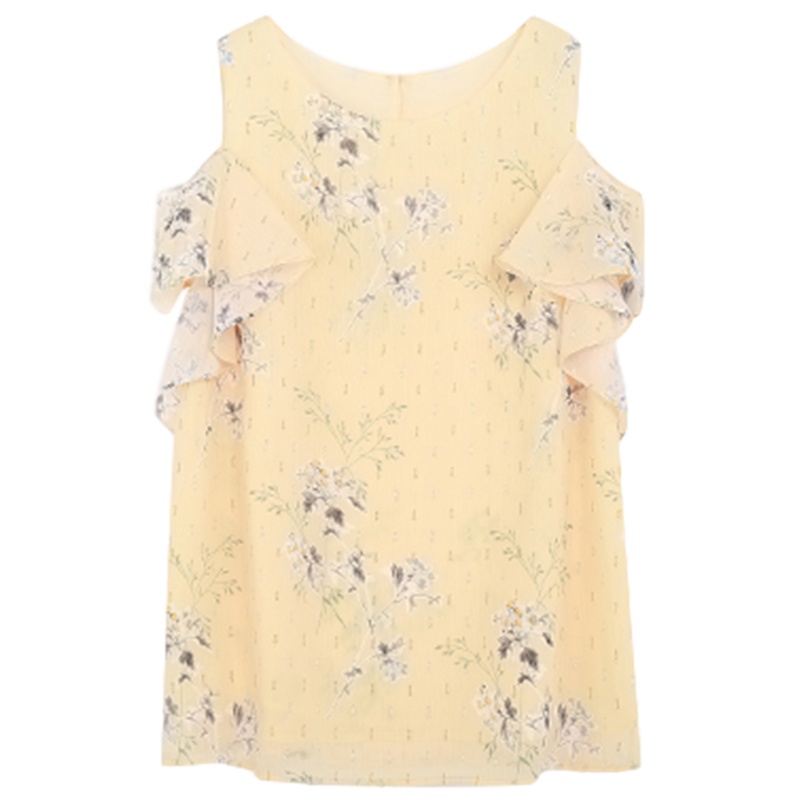 拉夏贝尔色露肩短袖碎花衬衫春女宽松仙女雪纺上衣