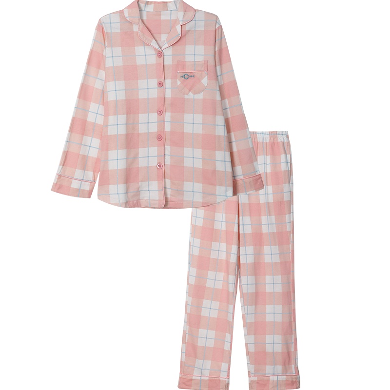红豆(HODO)【100%棉】春秋女士纯棉长袖睡衣套装经典格纹女式全棉家居服
