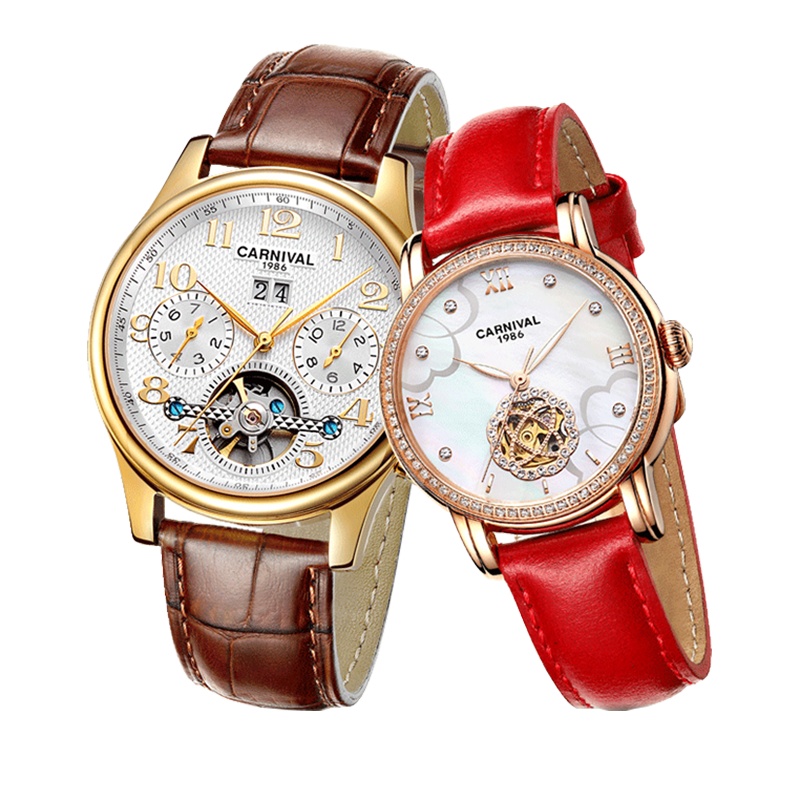 新款正品嘉年华Carnival手表男女士对表自动机械表 男士情侣表学生手表情侣款一对镂空防水腕表8670-1