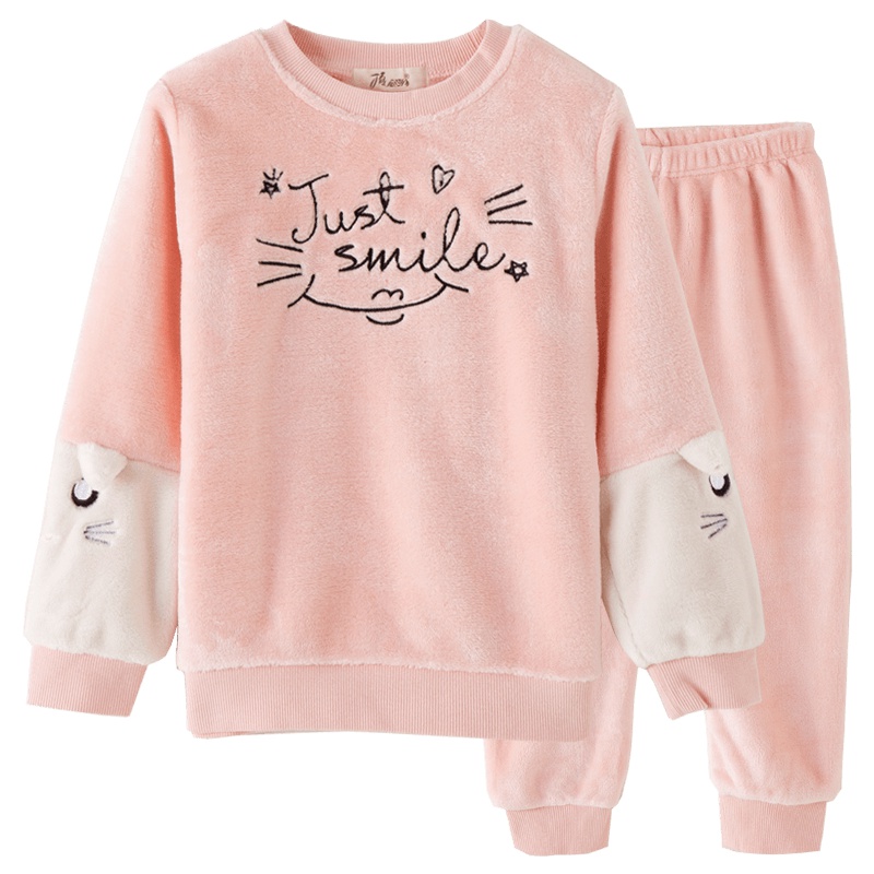 顶瓜瓜女童珊瑚绒睡衣秋冬季新款女孩宽松公主猫咪法兰绒家居服睡衣套装