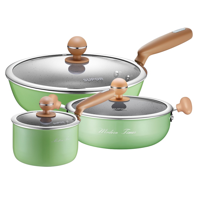 苏泊尔锅具套装麦饭石不粘锅 煎锅 汤锅 奶锅三件套锅家用全套厨具套装厨房锅具
