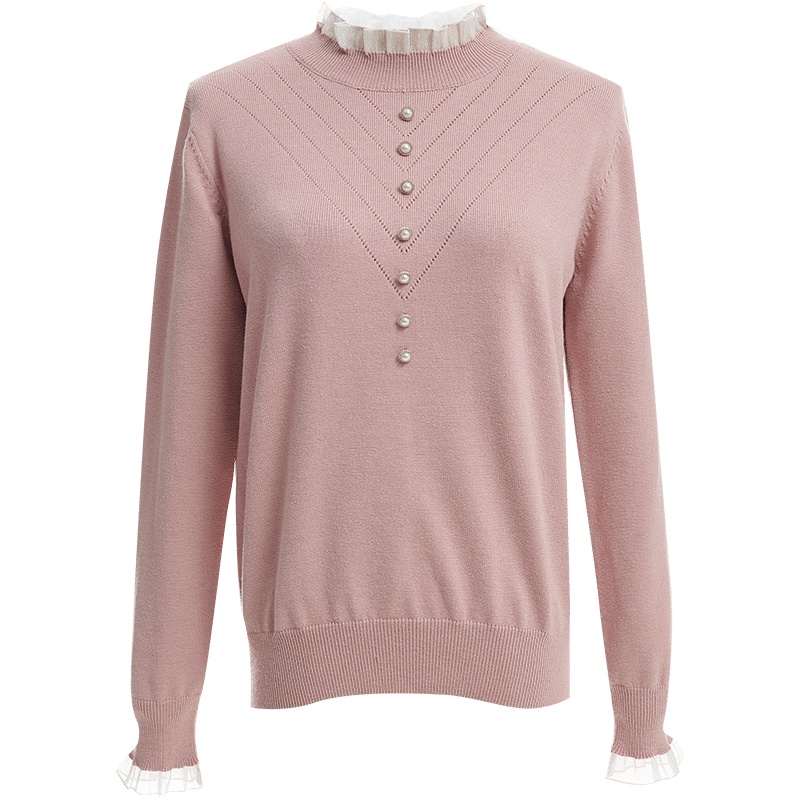 欧昵雪冬装欧根纱圆领长袖钉珠针织衫上衣女宽松显瘦毛衣