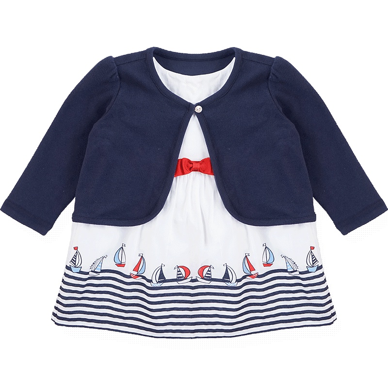 婴姿坊春季宝蓝纯色小披肩半条纹小帆船连衣裙两件套