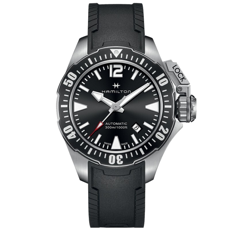 汉米尔顿(Hamilton)瑞士手表 卡其海军蛙人自动机械男表潜水表 42mm黑盘胶带 300米防水 H77605335