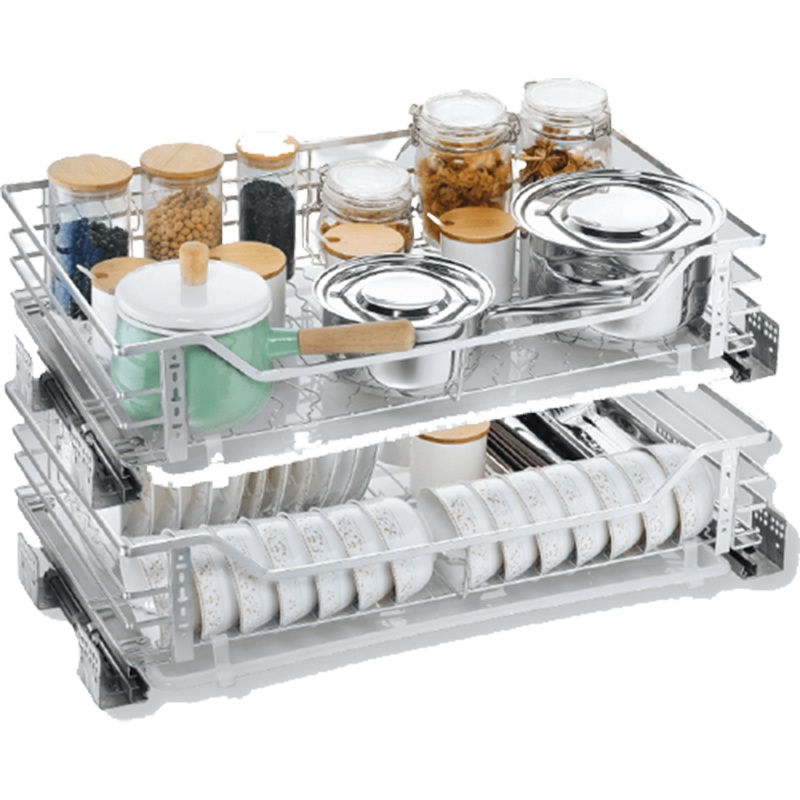拉篮厨房橱柜不锈钢双层抽屉式缓冲轨厨柜符象调味碗碟篮内置物架