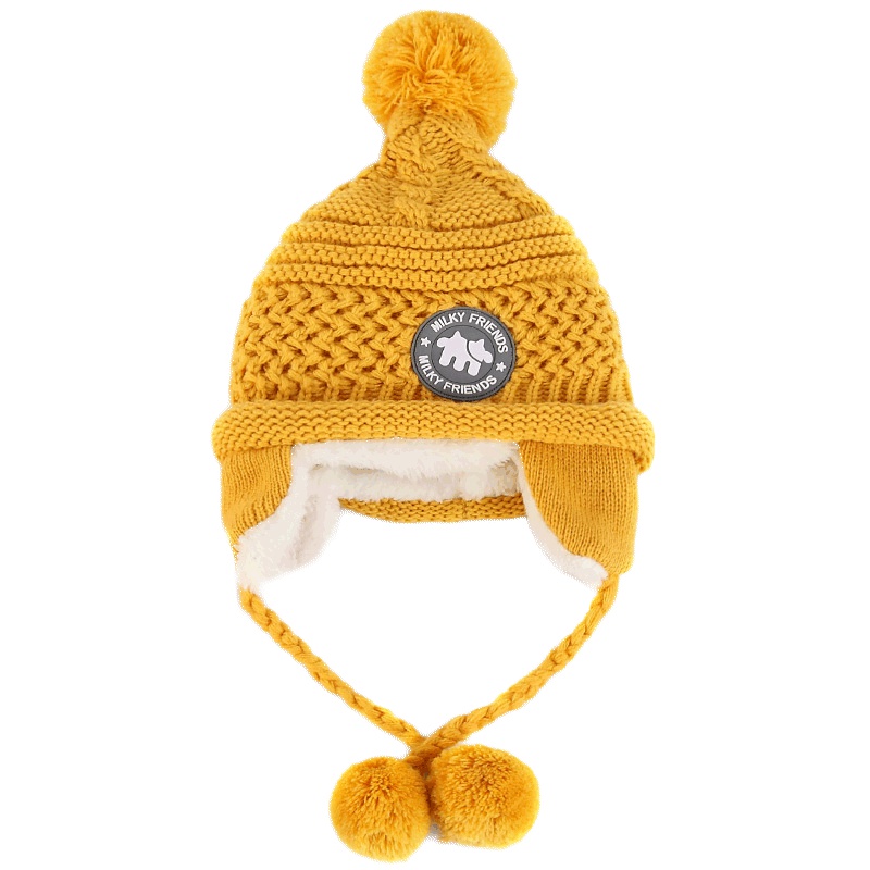milky friends牛奶朋友 宝宝帽子冬婴儿男女通用护耳毛线帽纯色加绒儿童毛线帽6-36个月