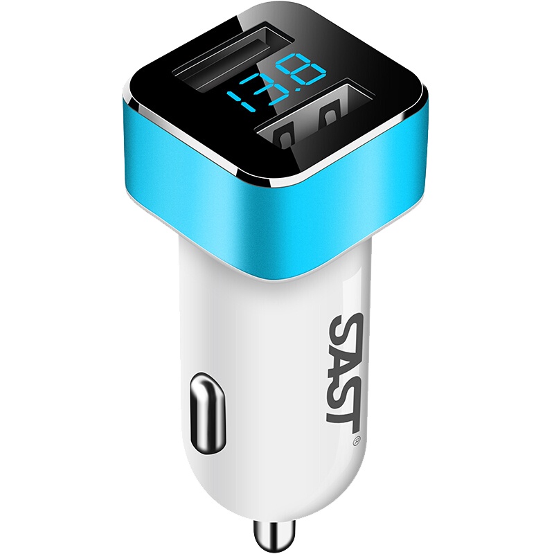 先科(SAST)迷你汽车USB车载充电器 银色 AY-T17 蓝色 车充点烟器3.1A双USB一拖二 电压检测LED显示