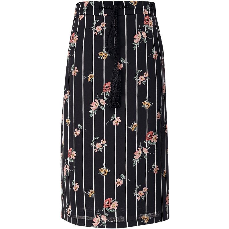 欧昵雪夏季通勤绑带松紧高腰条纹印花中裙女修身半身裙子