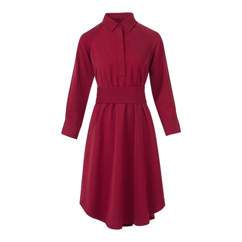 晚白 2020春季新品通勤简约纯色POLO领系带收腰显瘦长袖衬衫连衣裙女