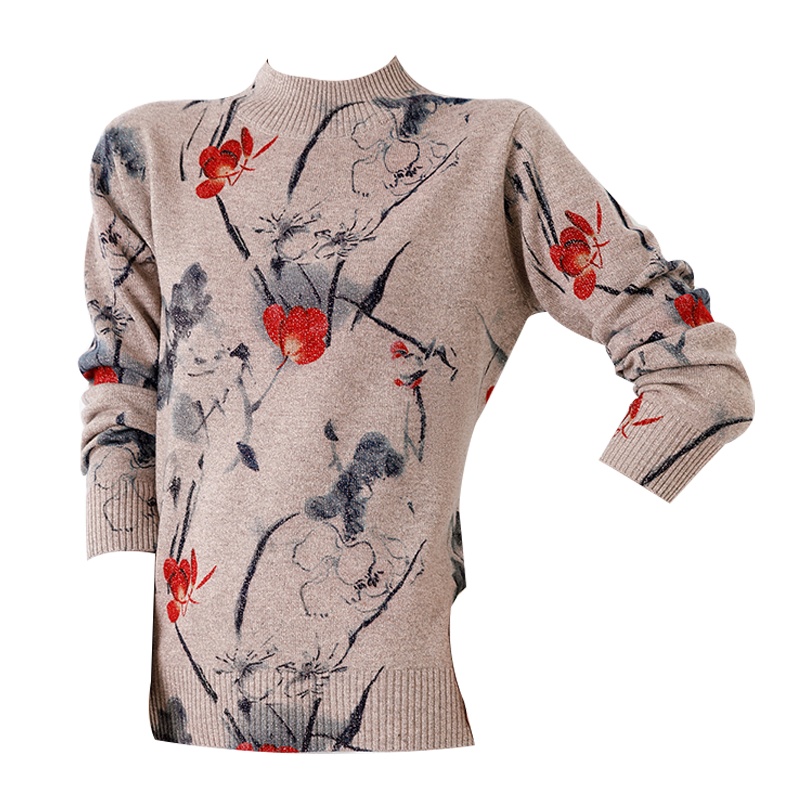 圣妮曼新款气质印花半高领套衫羊毛针织衫