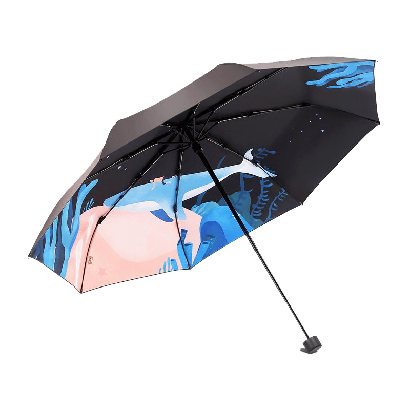 天堂伞 三折全遮光黑胶插画晴雨伞防紫外线太阳伞遮阳伞礼品伞 鲸梦蓝色